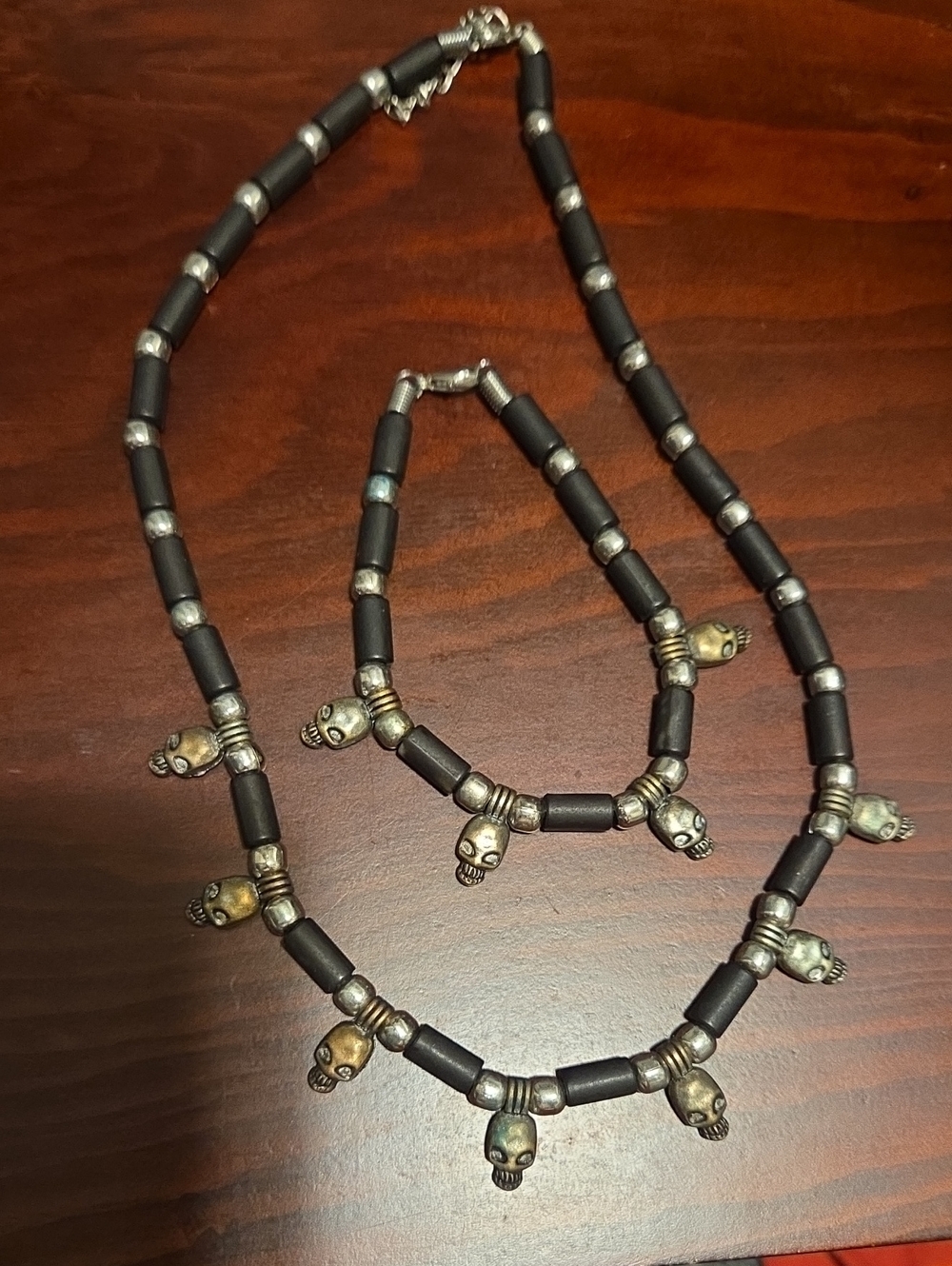Black Bead Necklace and Bracelet Set with Silver Skull Accents